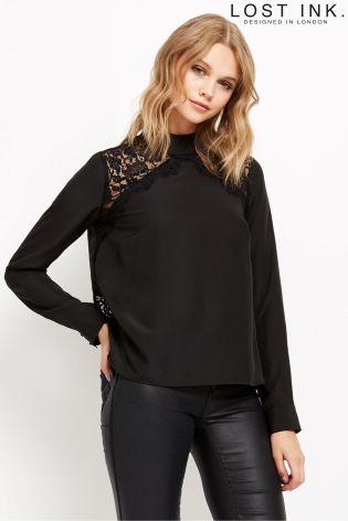 Lost Ink Chevron Lace High Neck Blouse